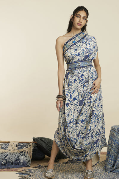 SVA Safar Jaal Print One Shoulder Cowl Dress Indian designer wear online shopping melange singapore
