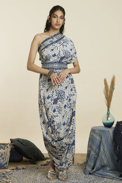 SVA Safar Jaal Print One Shoulder Cowl Dress Indian designer wear online shopping melange singapore
