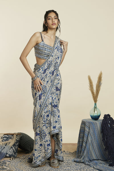 SVA Safar Jaal Print Saree Paired With Embellished Bustier Indian designer wear online shopping melange singapore