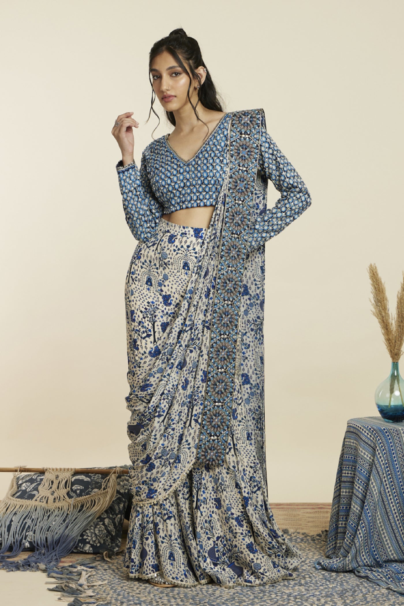 SVA Boho StripSafar Jaal Sharara Saree With Blouse Indian designer wear online shopping melange singapore
