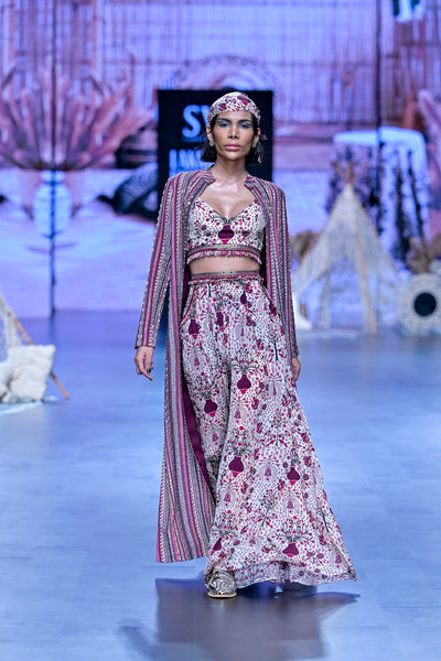 SVA Safar Merlot Jaal Print Bustier And Pleated Pants Paired With Jacket Indian designer wear online shopping melange singapore