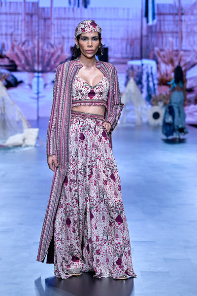 SVA Safar Merlot Jaal Print Bustier And Pleated Pants Paired With Jacket Indian designer wear online shopping melange singapore