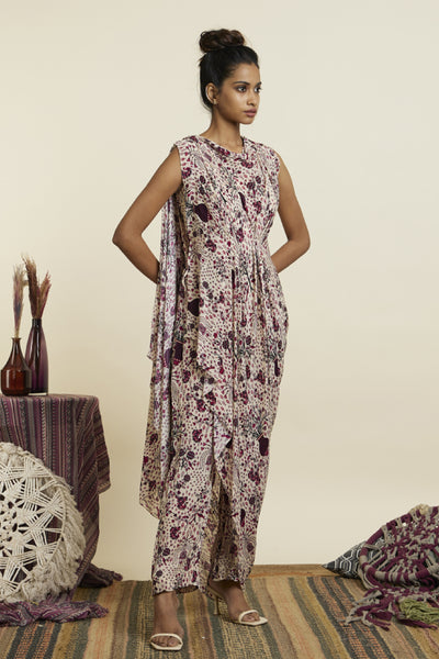 SVA Safar Merlot Jaal Print Crop Top With Attached Drape With Pants Indian designer wear online shopping melange singapore