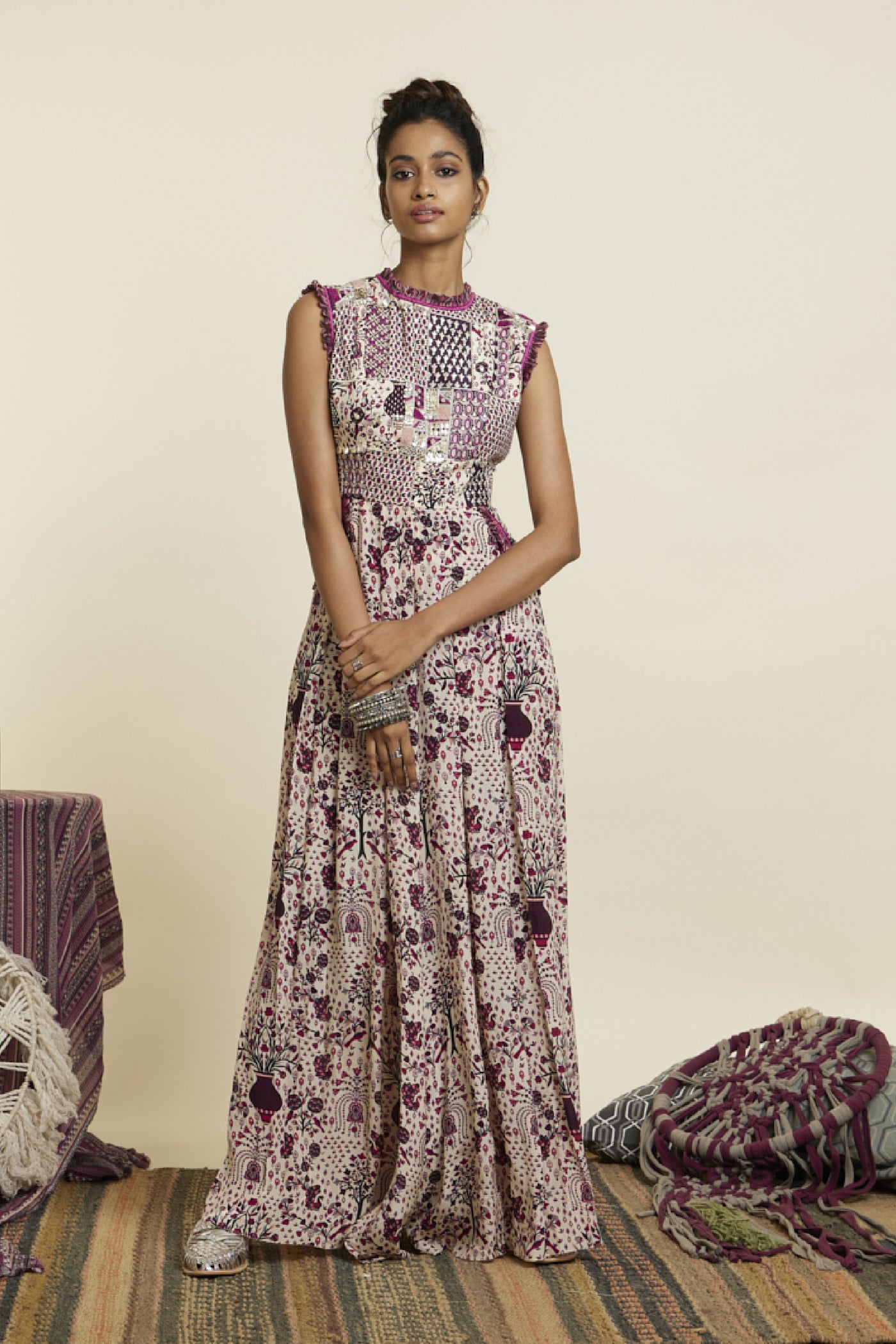 SVA Safar Merlot Jaal Print Patchwork Jumpsuit Indian designer wear online shopping melange singapore