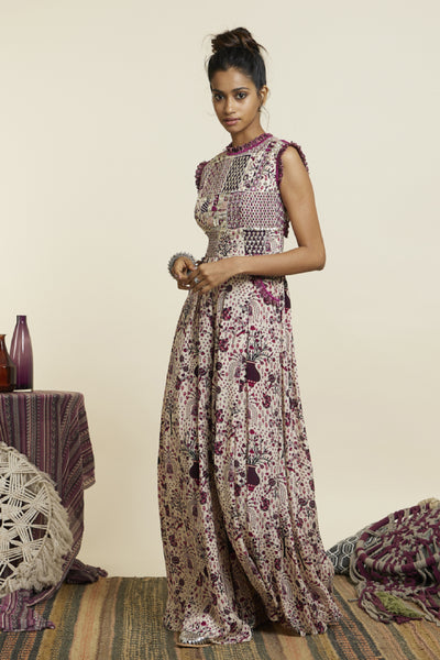 SVA Safar Merlot Jaal Print Patchwork Jumpsuit Indian designer wear online shopping melange singapore