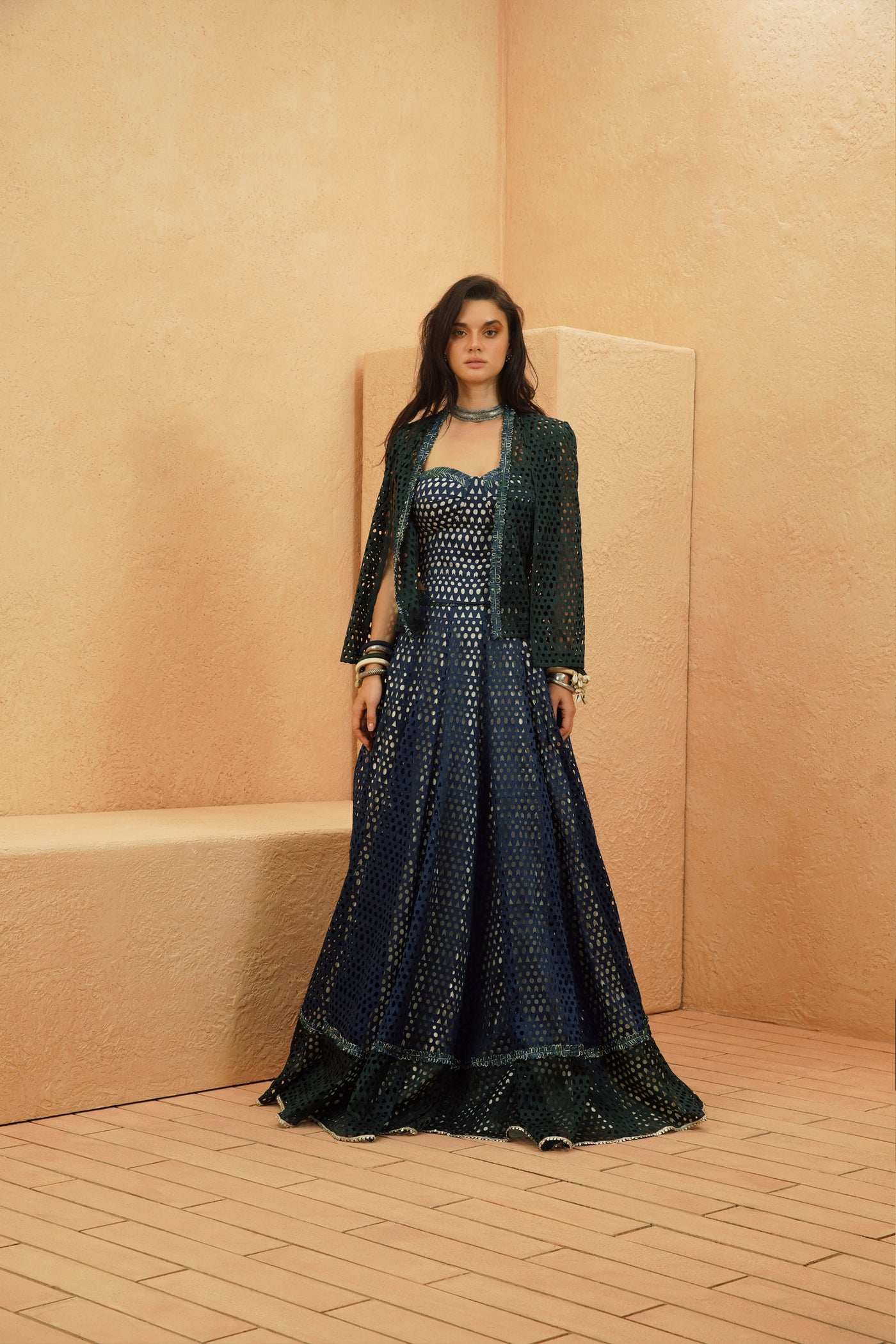SVA Samaha Cutwork Cape Jacket With Corset And Lehenga indian designer wear online shopping melange singapore