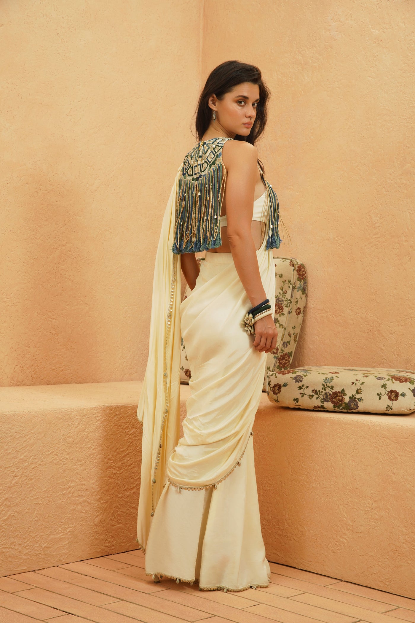 SVA Sami Ivory Saree With Embellished Fringe Bib indian designer wear online shopping melange singapore