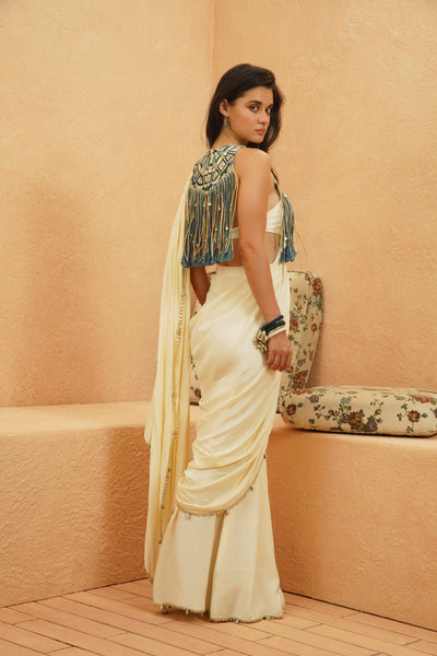 SVA Sami Ivory Saree With Embellished Fringe Bib indian designer wear online shopping melange singapore