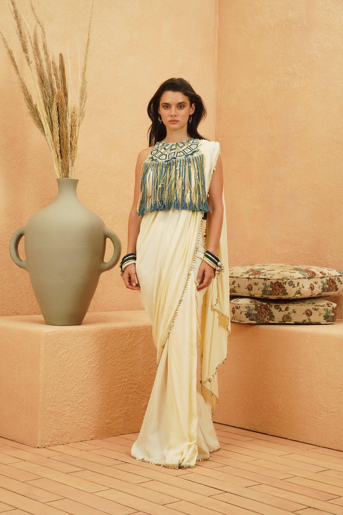 SVA Sami Ivory Saree With Embellished Fringe Bib indian designer wear online shopping melange singapore