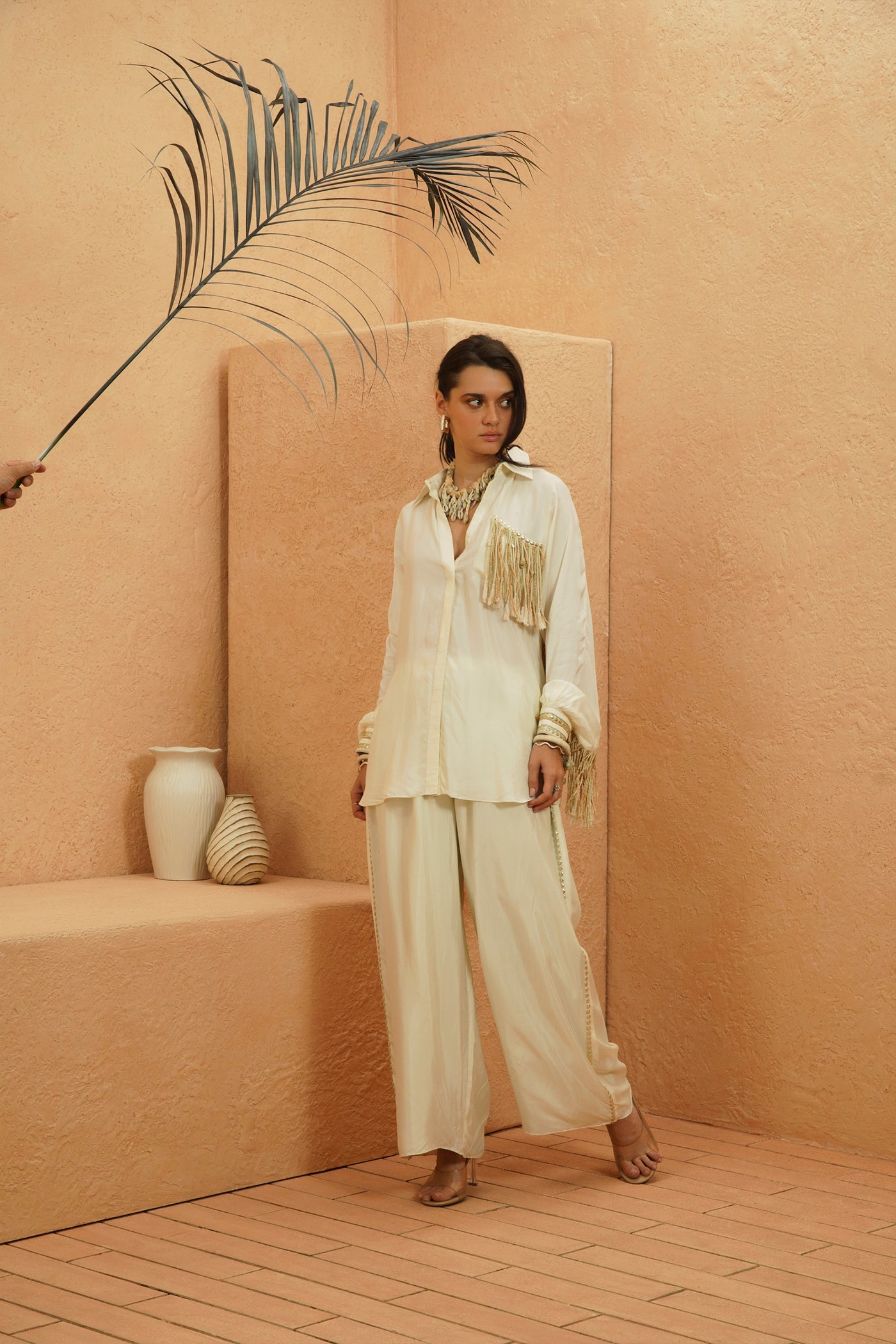 SVA Samira Beige Tasseled Co-ord Set indian designer wear online shopping melange singapore
