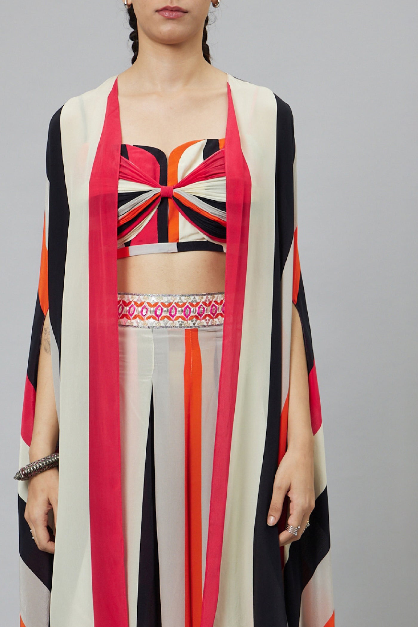 SVA Shahar Stripe Print Bikini Bustier With Box Pleated Pants And Cape indian designer wear online shopping melange singapore