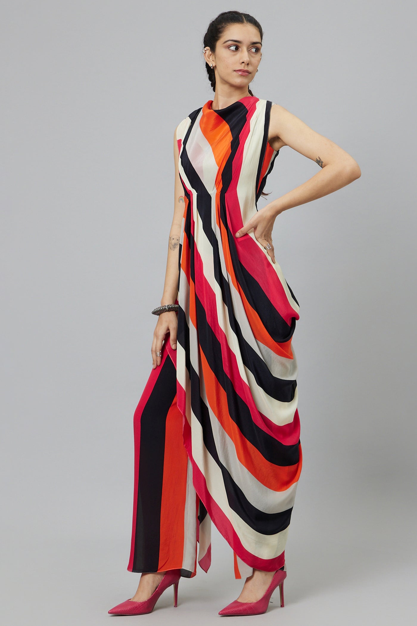 SVA Shahar stripe print crop top with attached drape with pants indian designer wear online shopping melange singapore