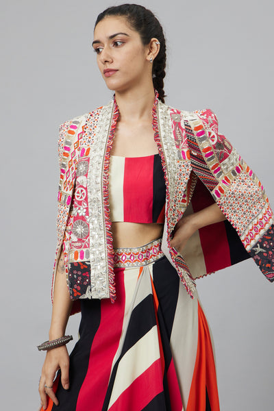 SVA Shahar Stripe Print Nushrat Draped Skirt And Bustier Teamed With A Signature Structured Jacket indian designer wear online shopping melange singapore