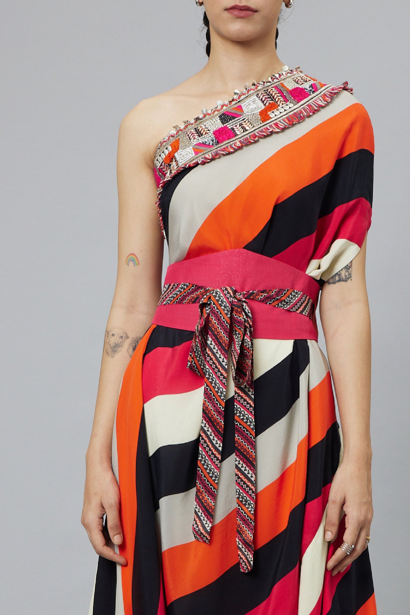 SVA Shahar Stripe Print One Shoulder Cowl Dress Teamed With A Belt indian designer wear online shopping melange singapore