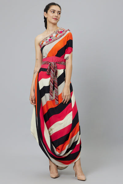 SVA Shahar Stripe Print One Shoulder Cowl Dress Teamed With A Belt indian designer wear online shopping melange singapore
