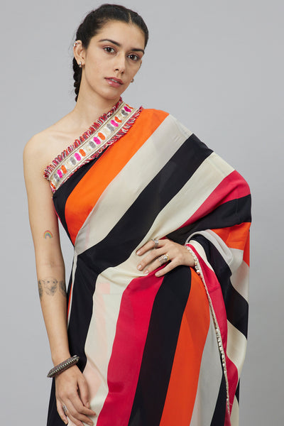SVA Shahar Stripe Print One Shoulder Saree With Pants indian designer wear online shopping melange singapore
