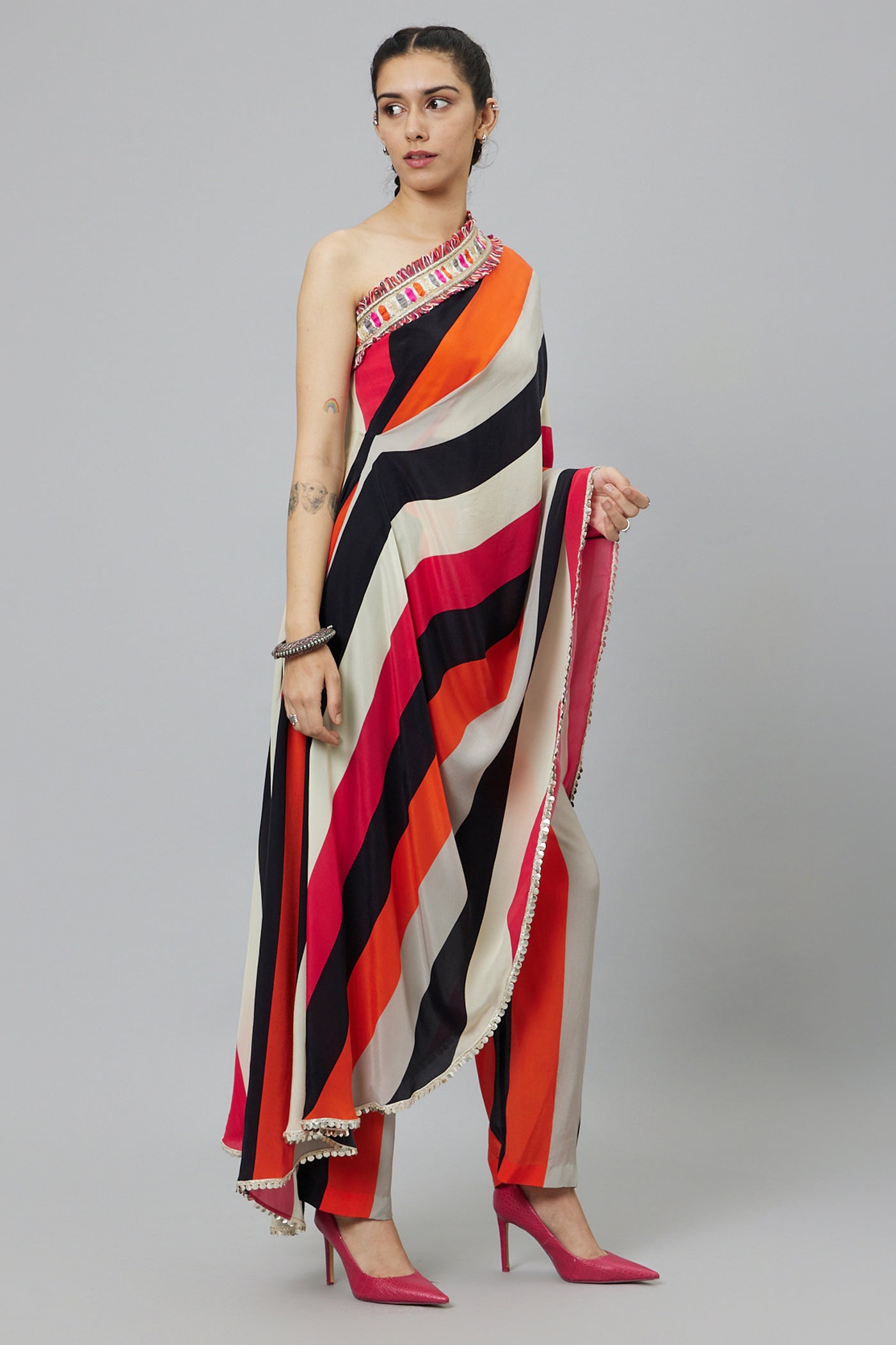 SVA Shahar Stripe Print One Shoulder Saree With Pants indian designer wear online shopping melange singapore