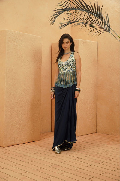 SVA Soraya Fringe Top And Drape Skirt indian designer wear online shopping melange singapore
