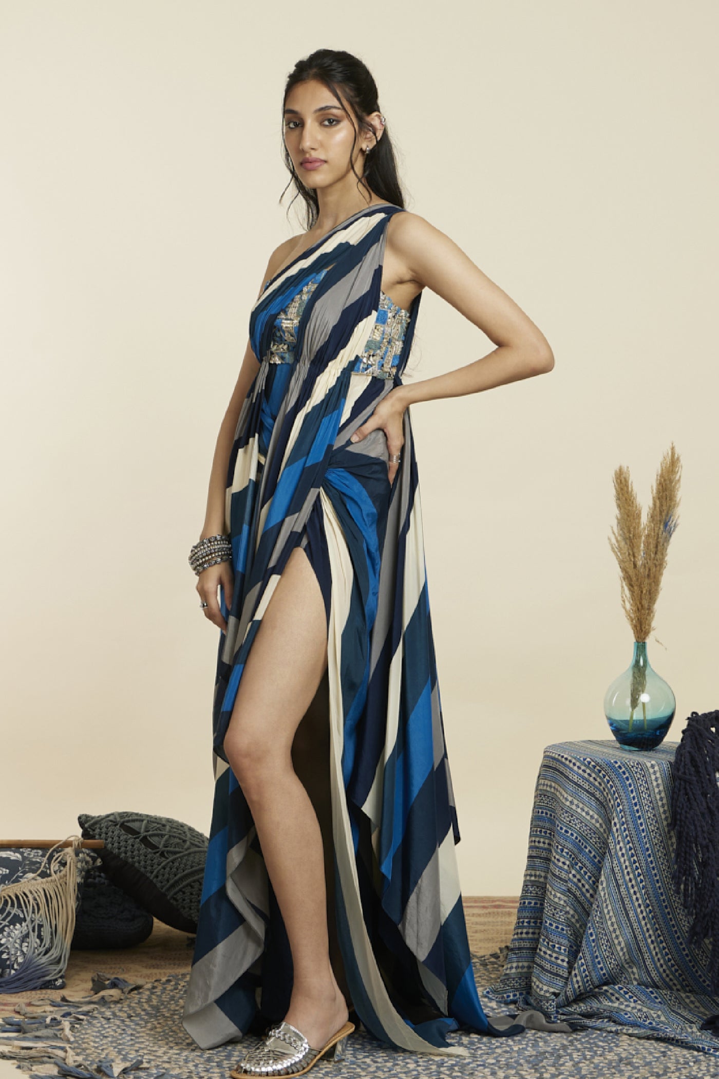 SVA Stripe Print Embellished Saree Draped Gown Indian designer wear online shopping melange singapore