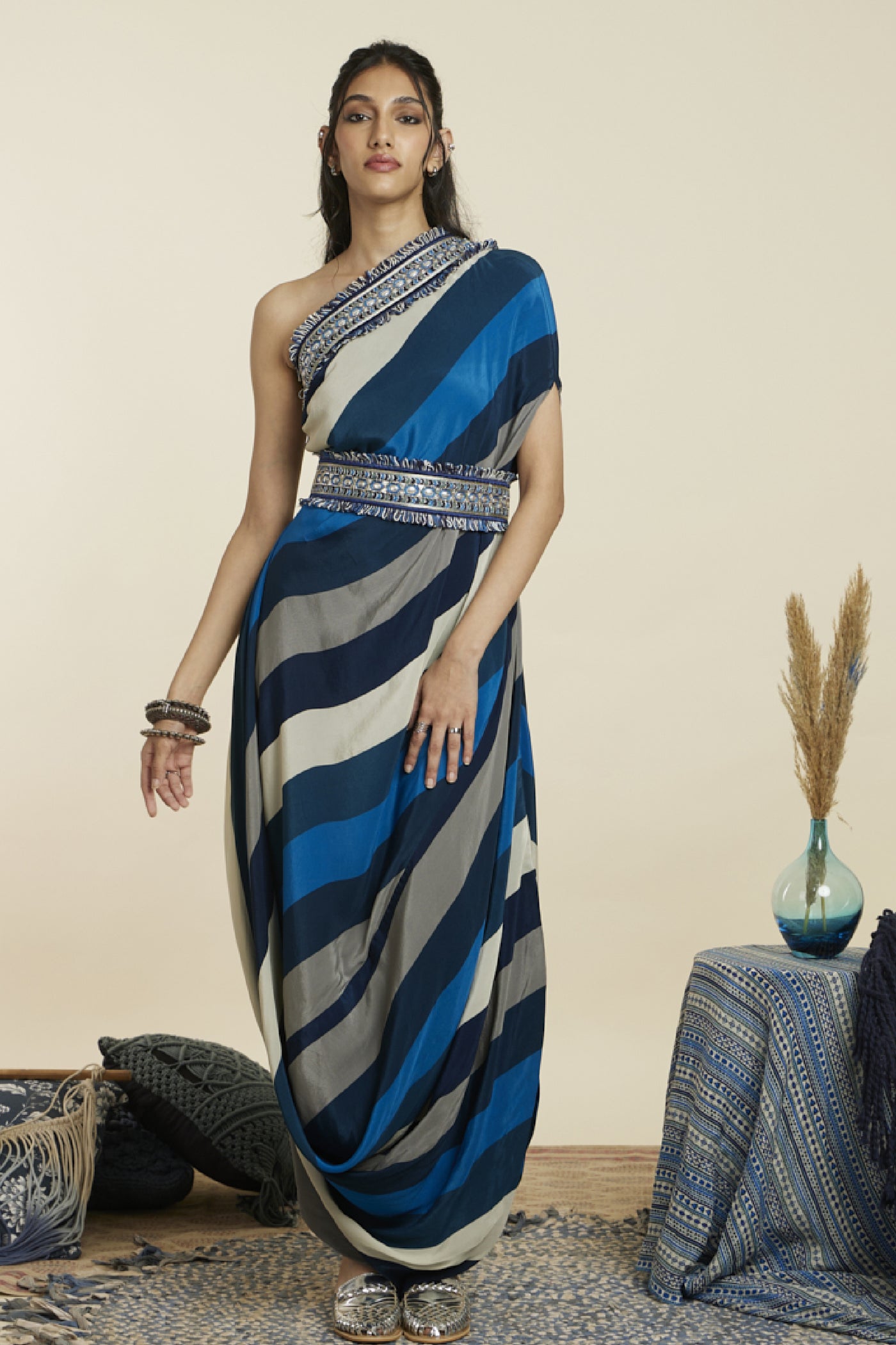 SVA Stripe Print One Shoulder Cowl Dress Indian designer wear online shopping melange singapore