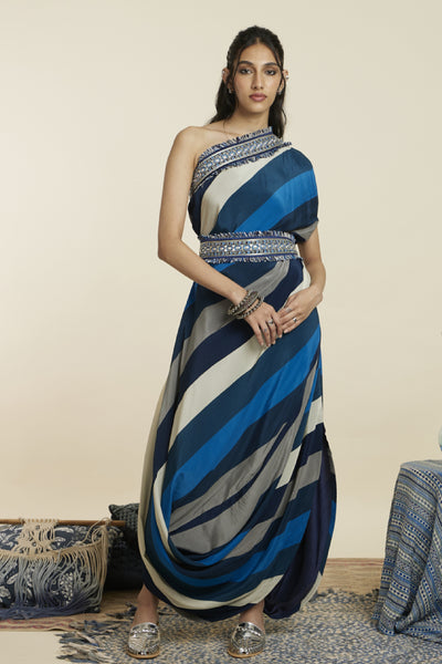 SVA Stripe Print One Shoulder Cowl Dress Indian designer wear online shopping melange singapore