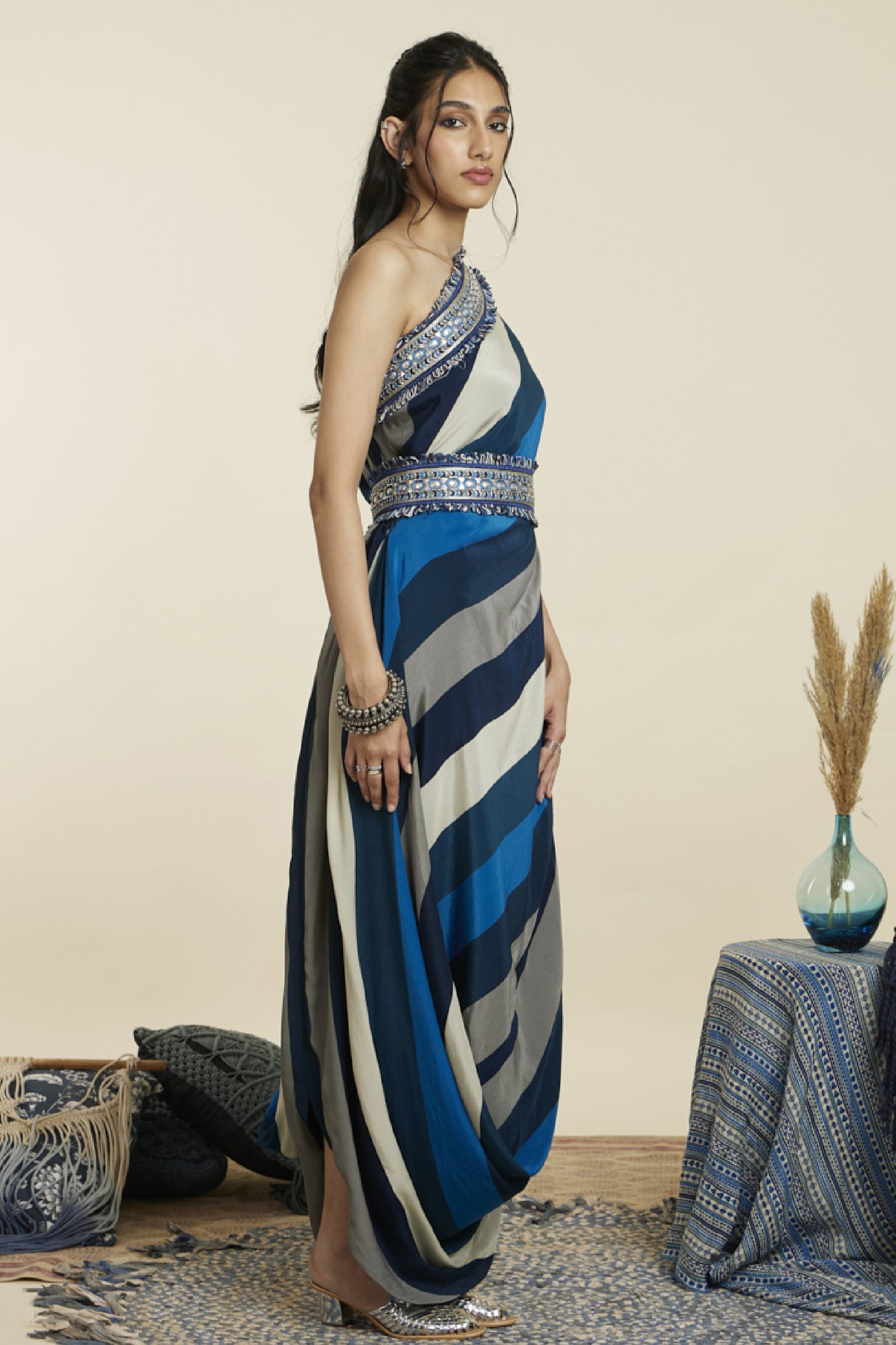 SVA Stripe Print One Shoulder Cowl Dress Indian designer wear online shopping melange singapore