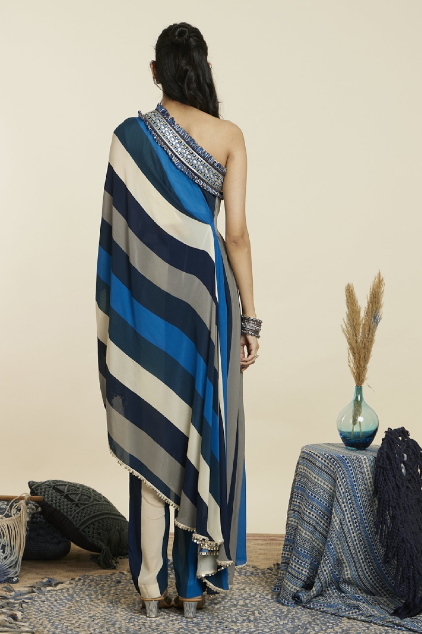 SVA Stripe Print One Shoulder Saree With Pants Indian designer wear online shopping melange singapore