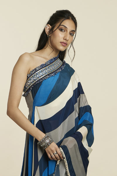 SVA Stripe Print One Shoulder Saree With Pants Indian designer wear online shopping melange singapore
