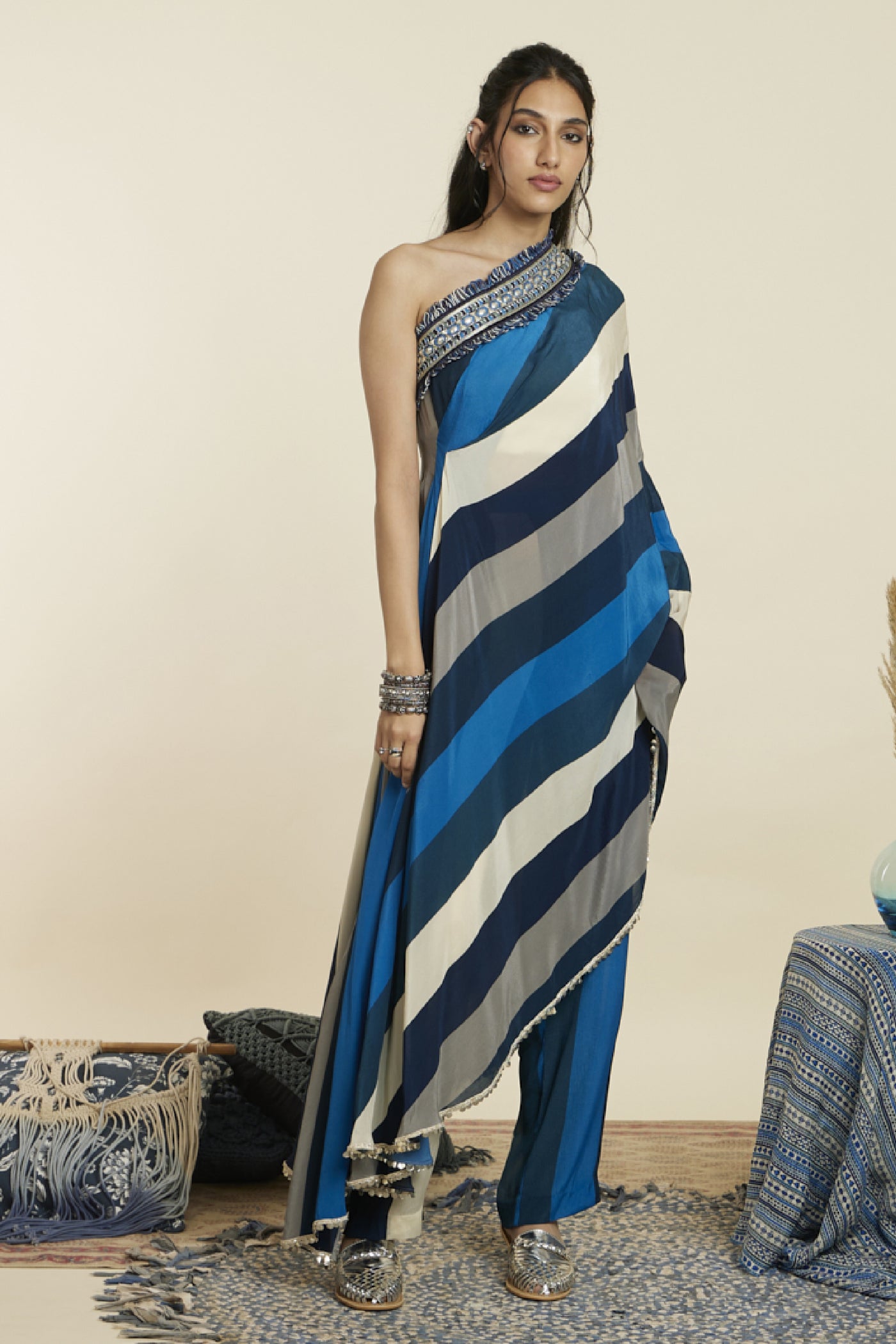 SVA Stripe Print One Shoulder Saree With Pants Indian designer wear online shopping melange singapore