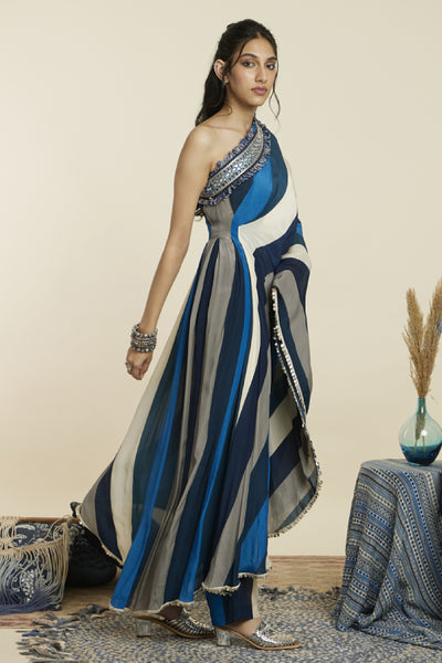 SVA Stripe Print One Shoulder Saree With Pants Indian designer wear online shopping melange singapore