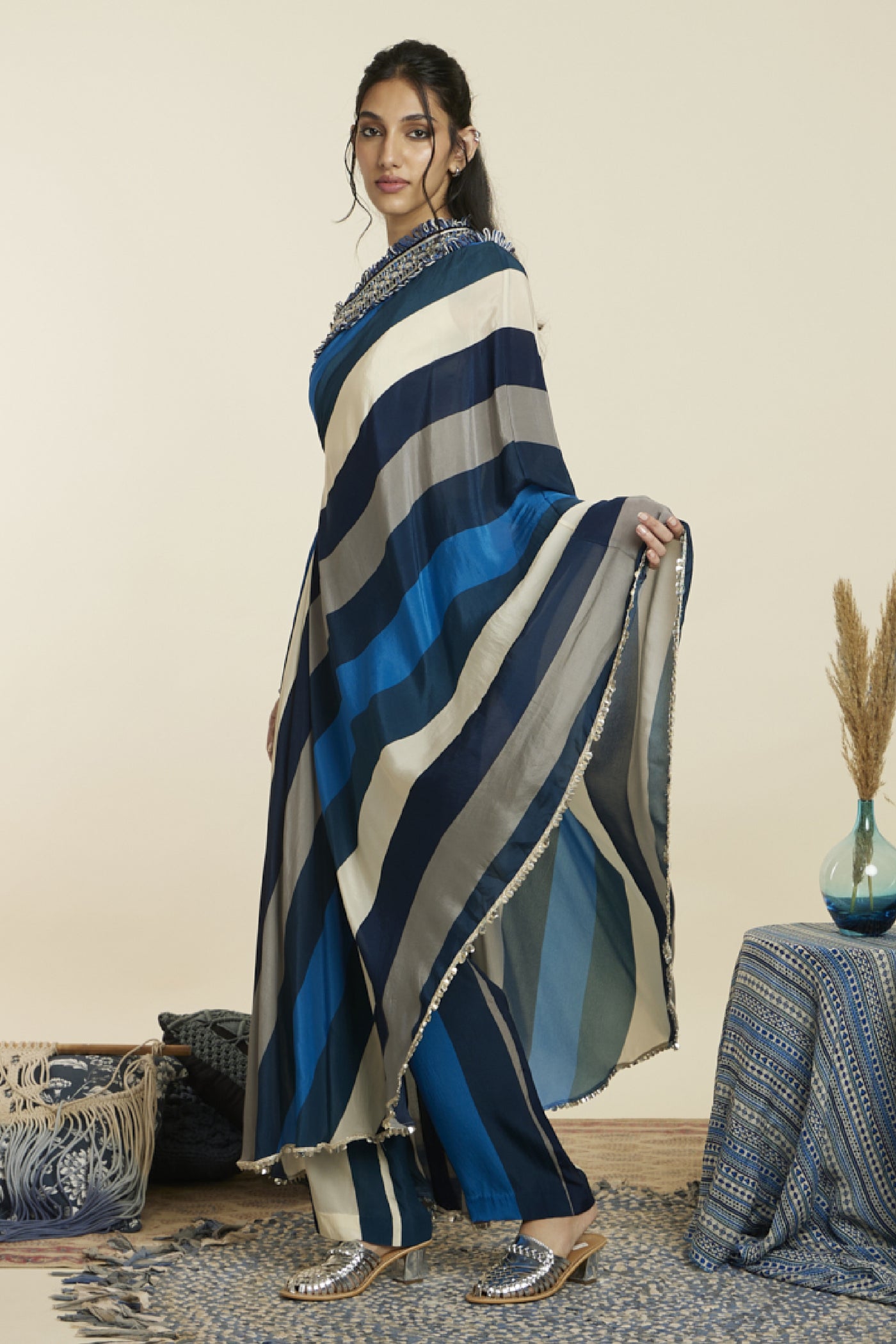 SVA Stripe Print One Shoulder Saree With Pants Indian designer wear online shopping melange singapore