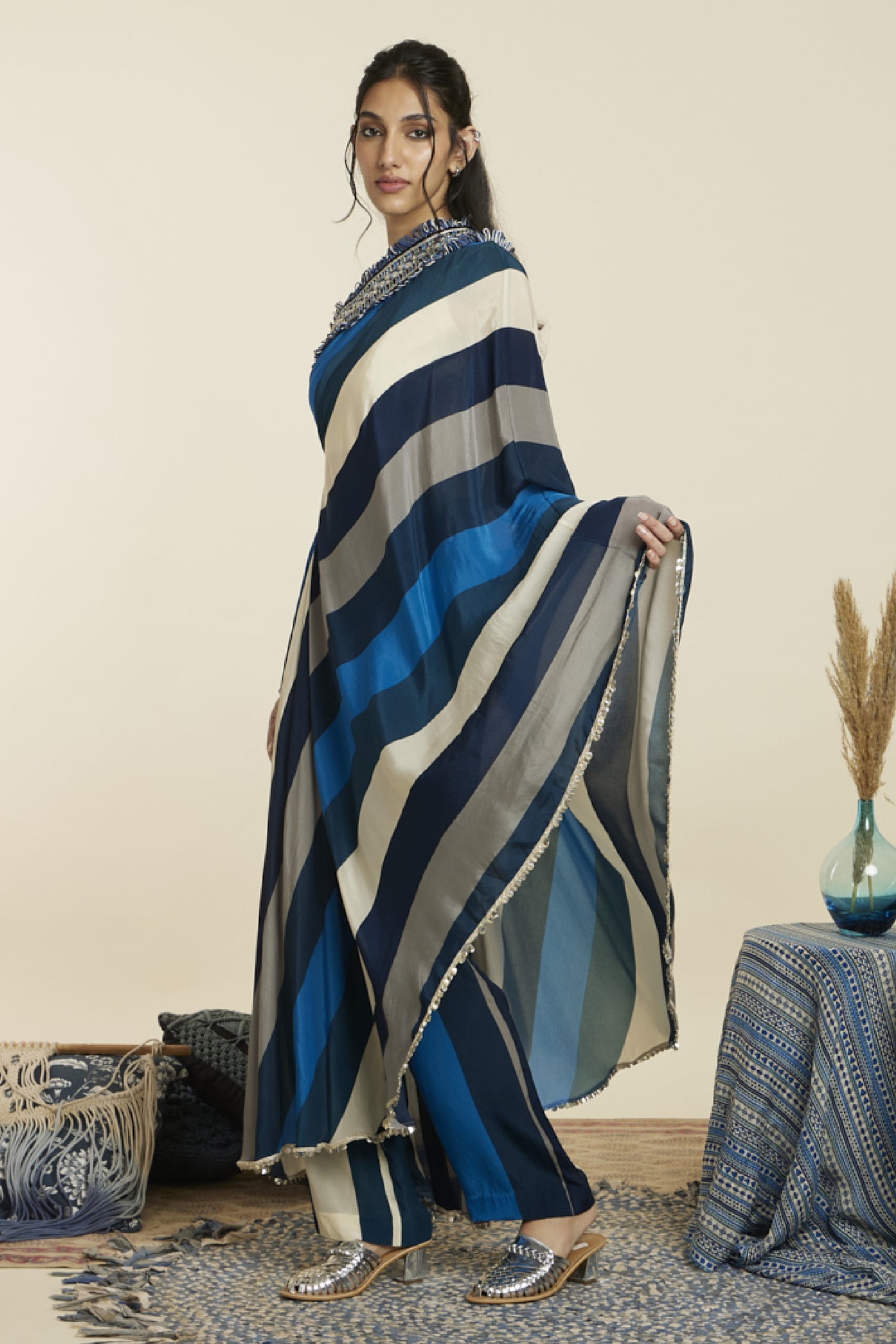 SVA Stripe Print One Shoulder Saree With Pants Indian designer wear online shopping melange singapore