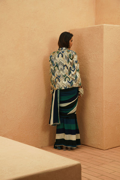 SVA Suhana Stripe Saree Set With Embellished Cape Jacket indian designer wear online shopping melange singapore