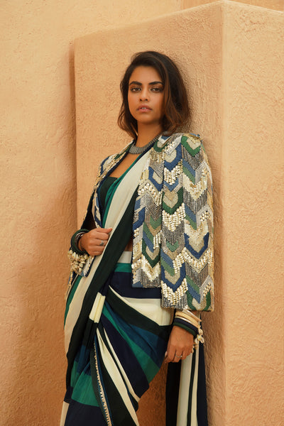 SVA Suhana Stripe Saree Set With Embellished Cape Jacket indian designer wear online shopping melange singapore