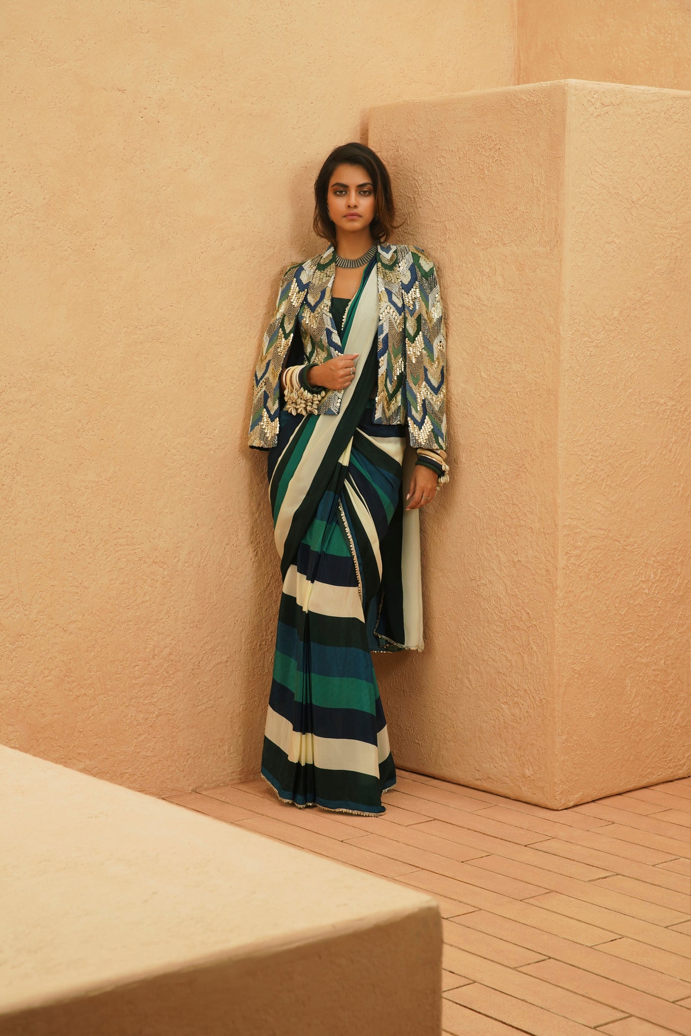 SVA Suhana Stripe Saree Set With Embellished Cape Jacket indian designer wear online shopping melange singapore
