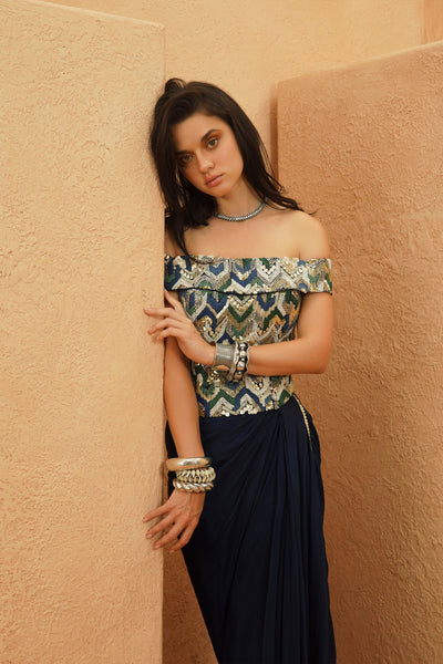 SVA Taha Embellished Corset With Drape Skirt indian designer wear online shopping melange singapore