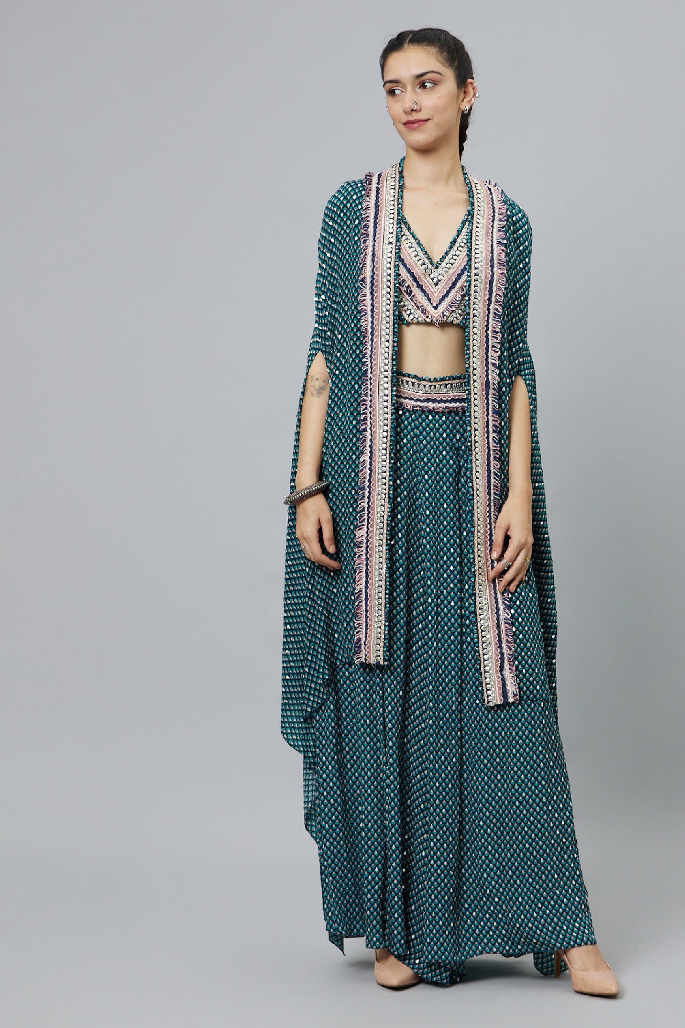SVA Textured crop top teamed with embellished blue butti print box pleat pants highlighted cape indian designer wear online shopping melange singapore