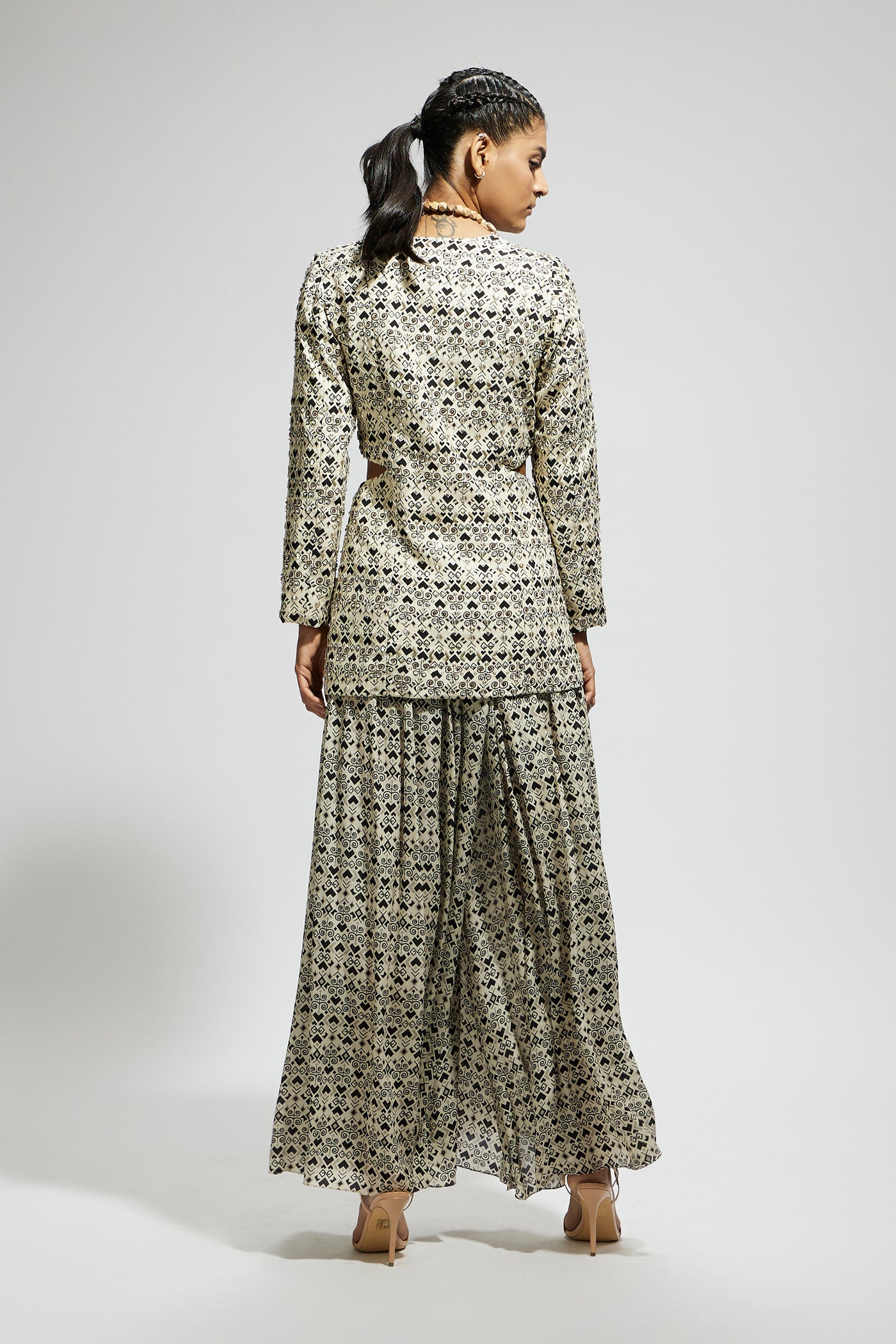 SVA White Embellished Side Cut Out Jacket With Printed Flared Pants indian designer wear online shopping melange singapore