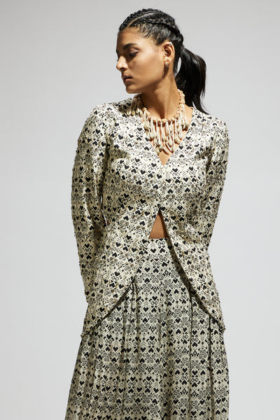 SVA White Embellished Side Cut Out Jacket With Printed Flared Pants indian designer wear online shopping melange singapore
