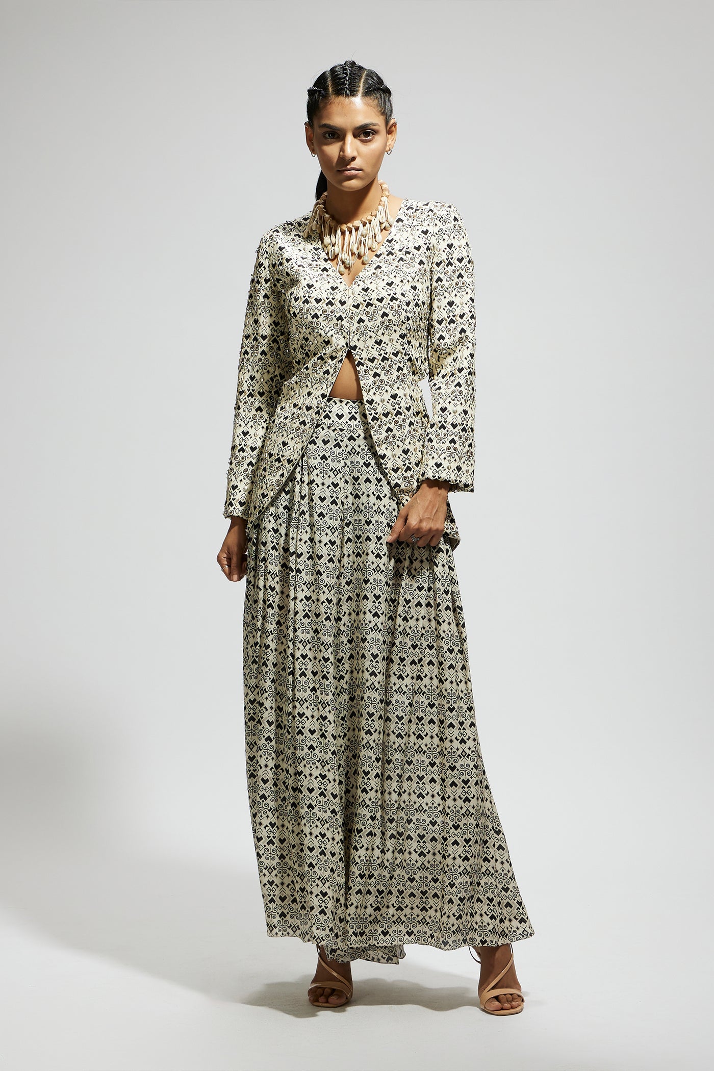SVA White Embellished Side Cut Out Jacket With Printed Flared Pants indian designer wear online shopping melange singapore