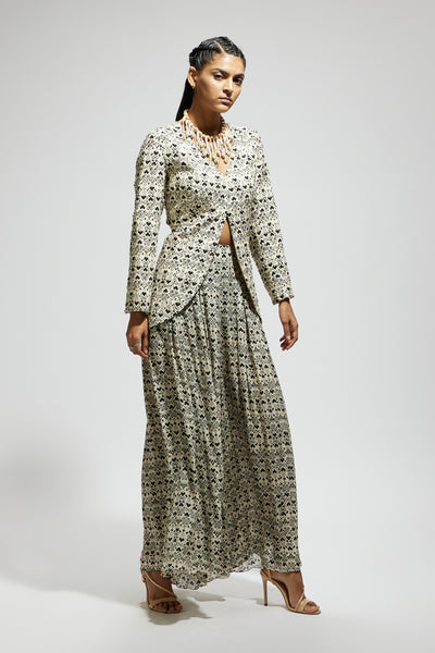 SVA White Embellished Side Cut Out Jacket With Printed Flared Pants indian designer wear online shopping melange singapore