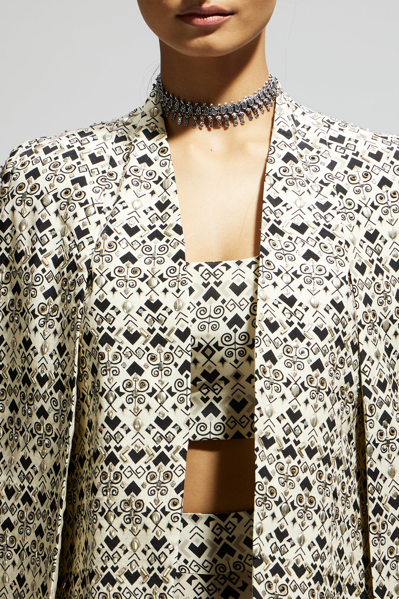 SVA White Geo Print Cape Jacket Set indian designer wear online shopping melange singapore