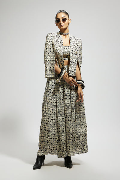 SVA White Geo Print Cape Jacket Set indian designer wear online shopping melange singapore