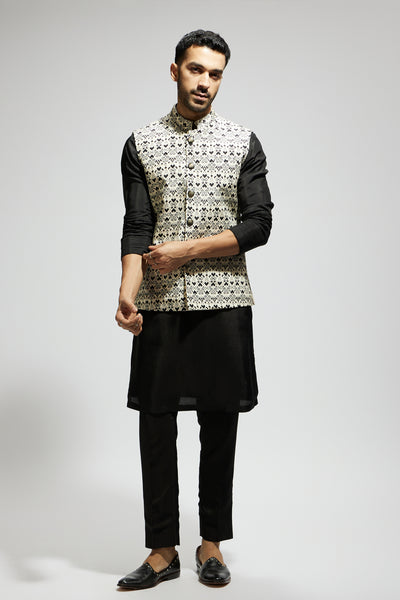 SVA White Geo Printed Bundi And Black Kurta And Pants indian designer wear online shopping melange singapore