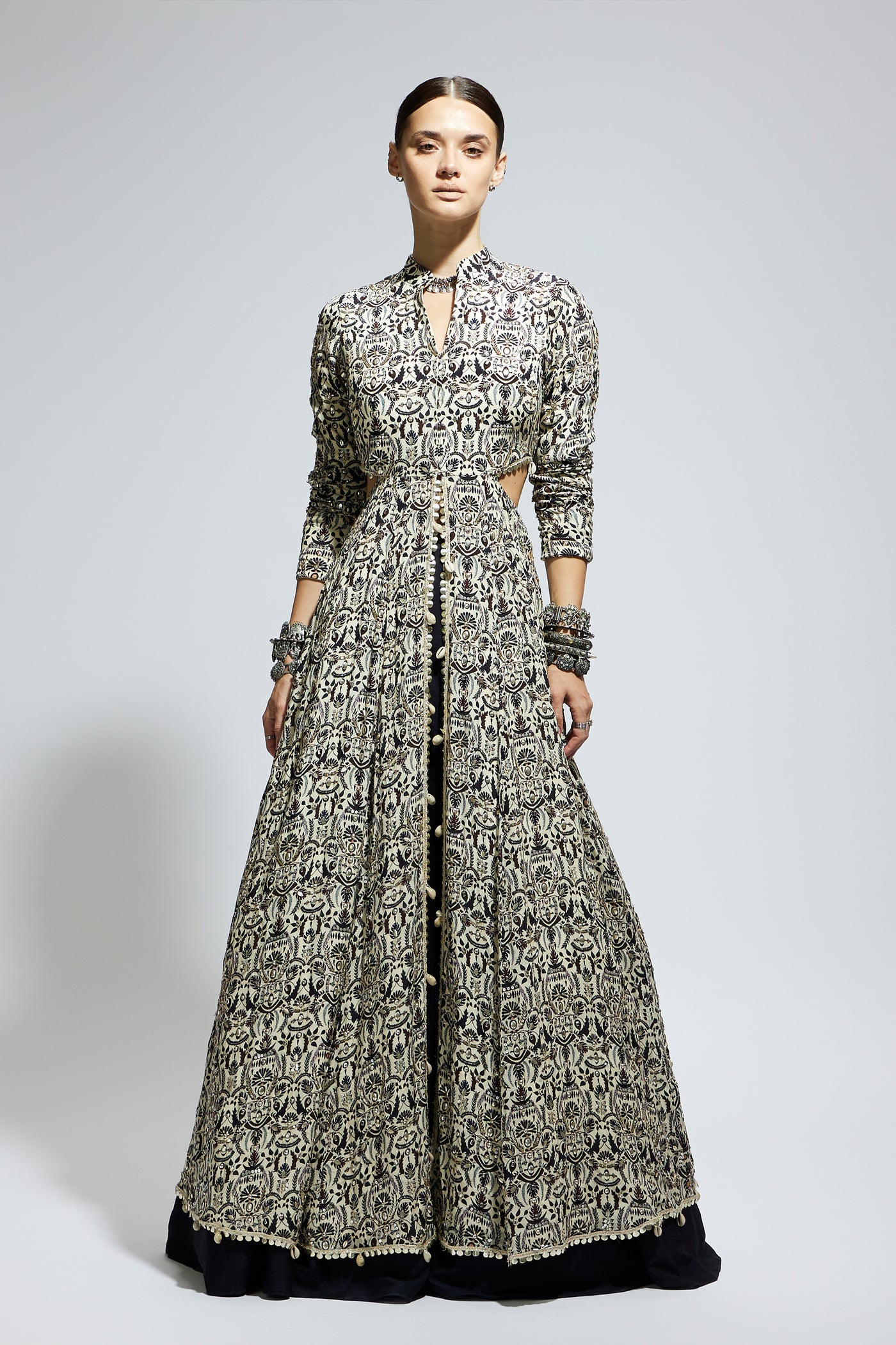 SVA White Heavily Embellished Waist Cut Out Jacket Set indian designer wear online shopping melange singapore