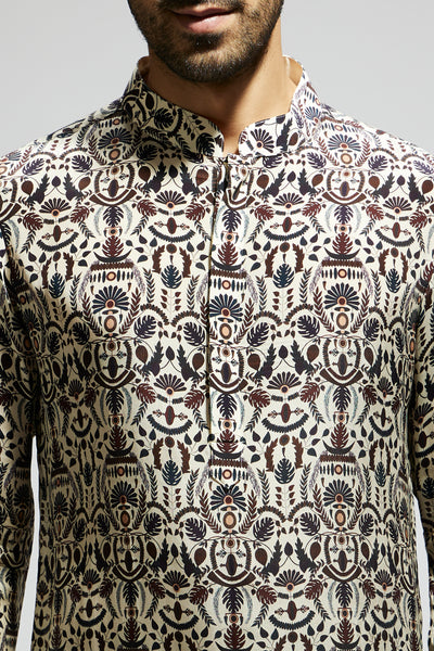 SVA White Leaf Jaal Print Rolled Up Sleeves Kurta indian designer wear online shopping melange singapore