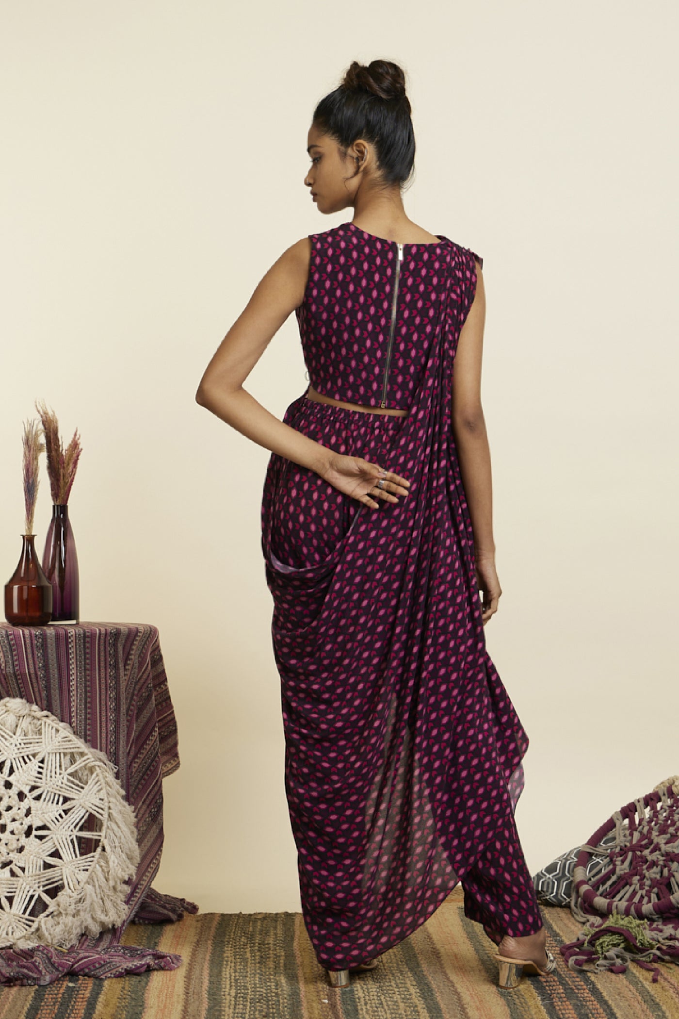 SVA Wine Geo Print Crop Top Attached Drape With Pants Indian designer wear online shopping melange singapore