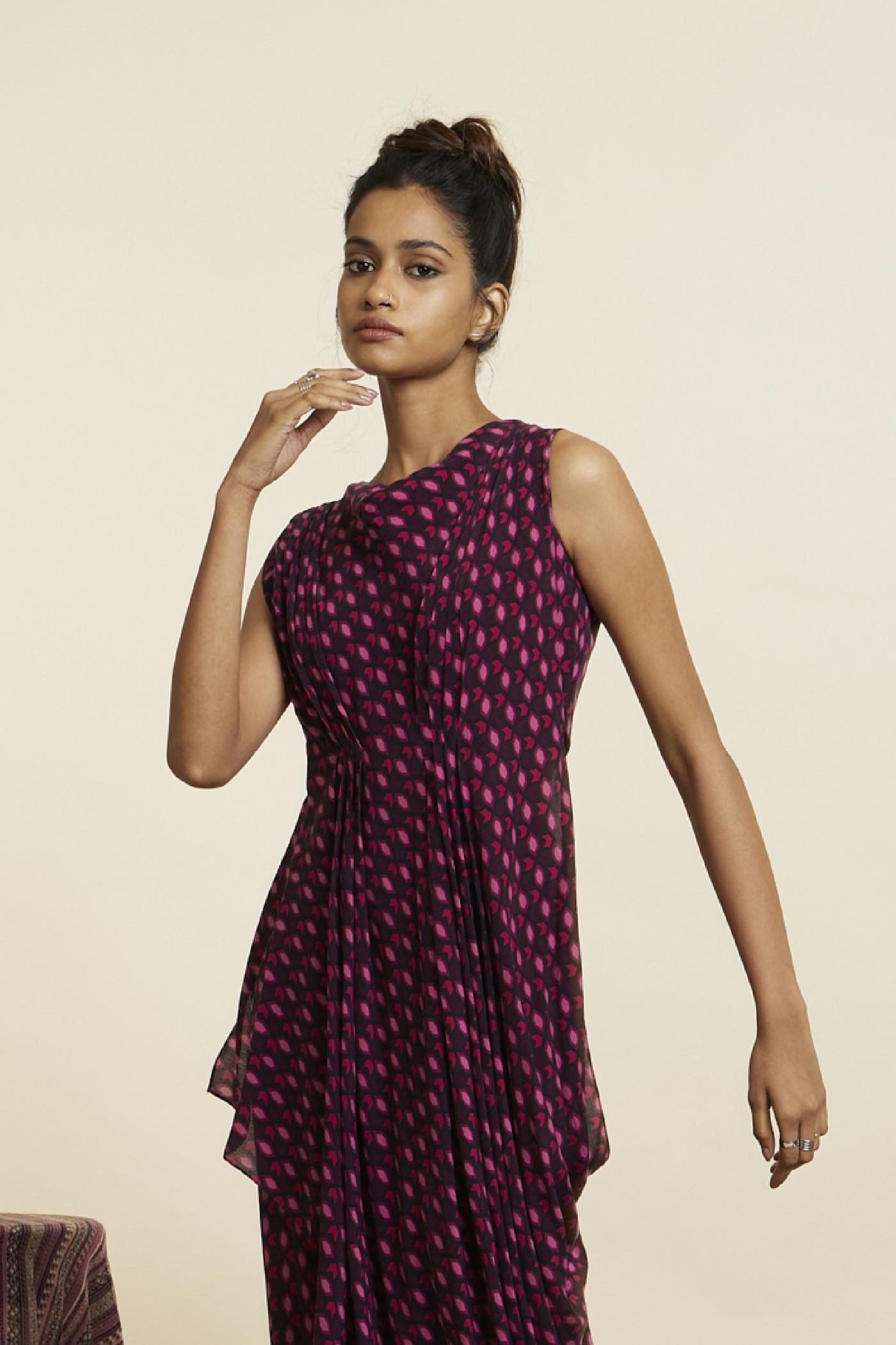 SVA Wine Geo Print Crop Top Attached Drape With Pants Indian designer wear online shopping melange singapore