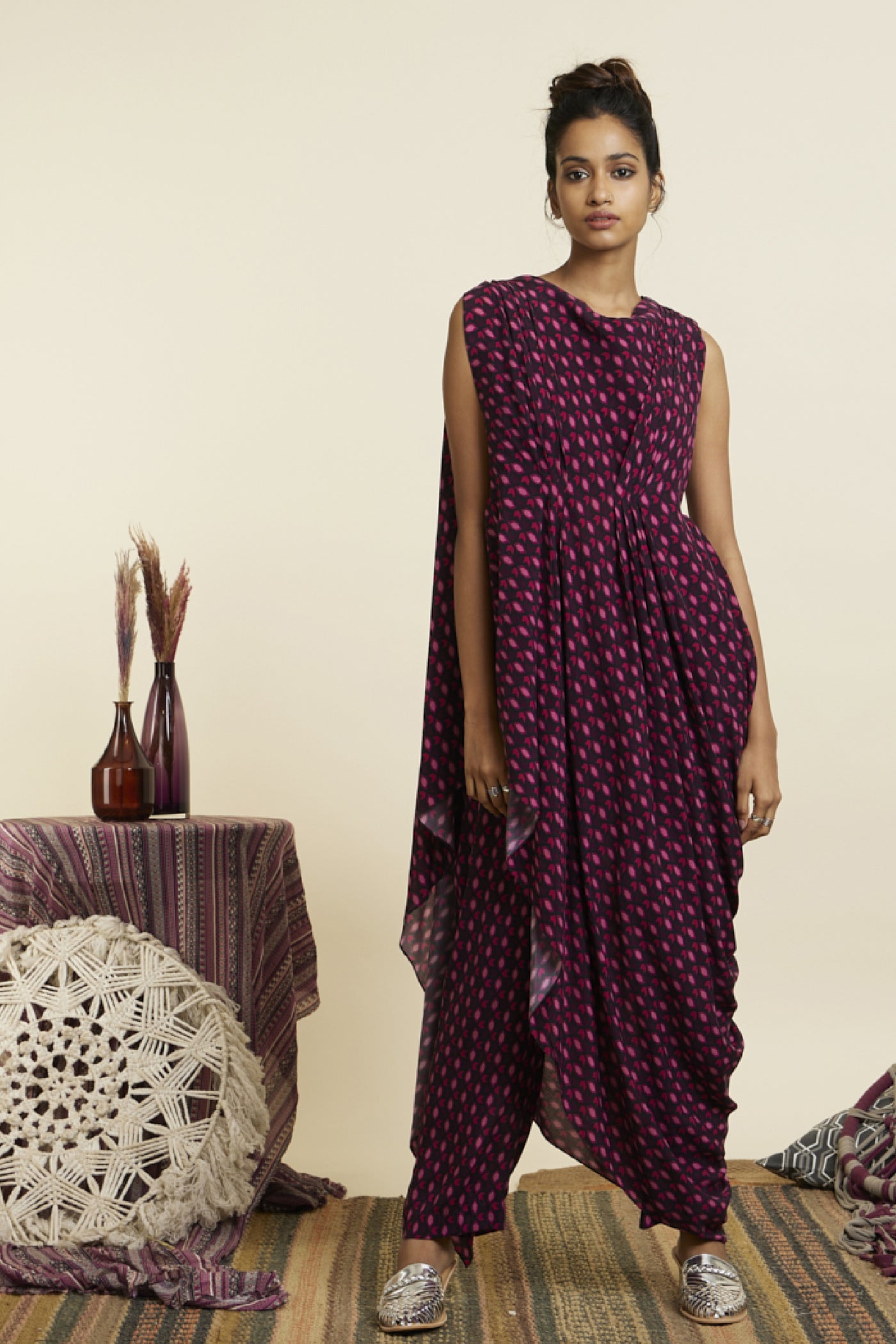 SVA Wine Geo Print Crop Top Attached Drape With Pants Indian designer wear online shopping melange singapore