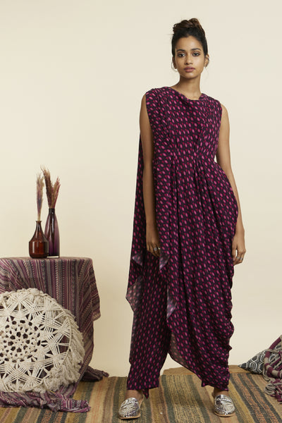 SVA Wine Geo Print Crop Top Attached Drape With Pants Indian designer wear online shopping melange singapore